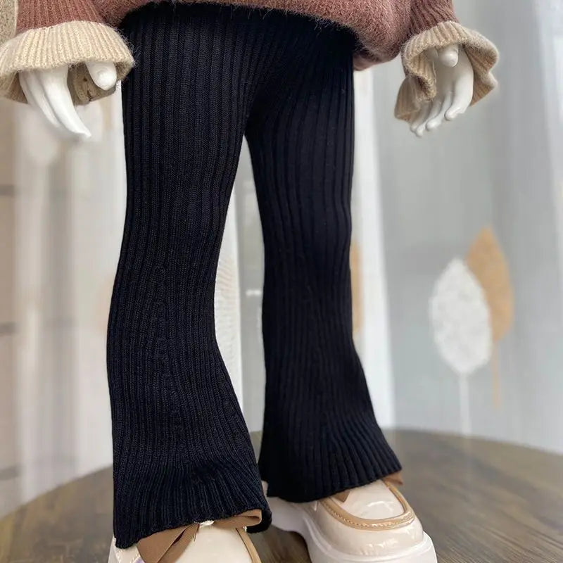 Children Clothing 2023 New Spring and Autumn Pants Girl Knitted Bell Bottoms Korean Style Baby Solid Color Wool Elastic Leggings