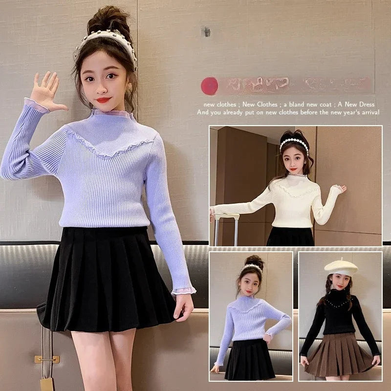 Children's clothing girls autumn knitted sweater new children's pearl bottoming shirt autumn and winter