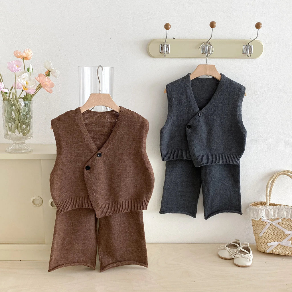 1-6Y Kids Clothing Set Knit Vest And Wide Leg Pants 2 Pcs Boys Clothing Set Brief Style Girls Sweater Suit