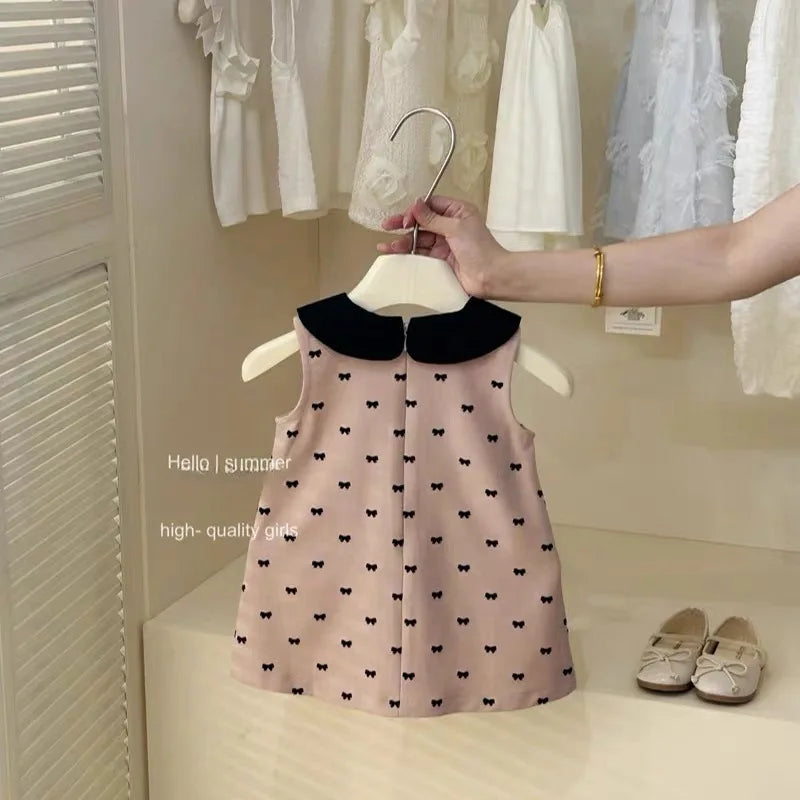 Childrens Clothing 2025 Girls Summer Pink Vest Dress Babys Fashionable and Cute Bow Tie Dress Trendy