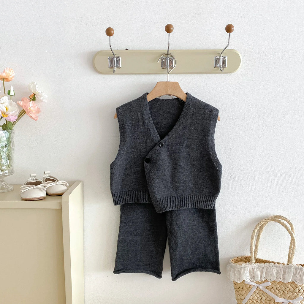 1-6Y Kids Clothing Set Knit Vest And Wide Leg Pants 2 Pcs Boys Clothing Set Brief Style Girls Sweater Suit