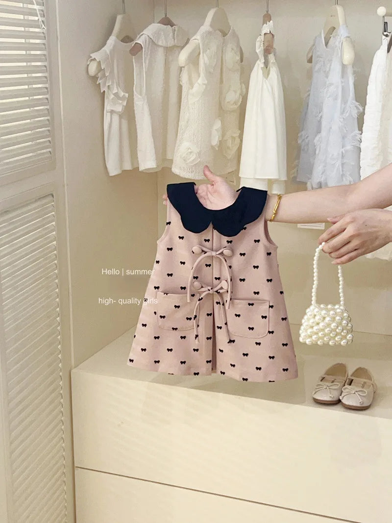 Childrens Clothing 2025 Girls Summer Pink Vest Dress Babys Fashionable and Cute Bow Tie Dress Trendy