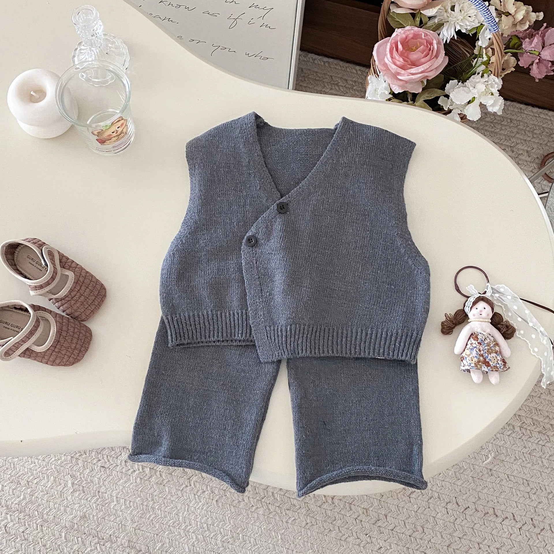 1-6Y Kids Clothing Set Knit Vest And Wide Leg Pants 2 Pcs Boys Clothing Set Brief Style Girls Sweater Suit