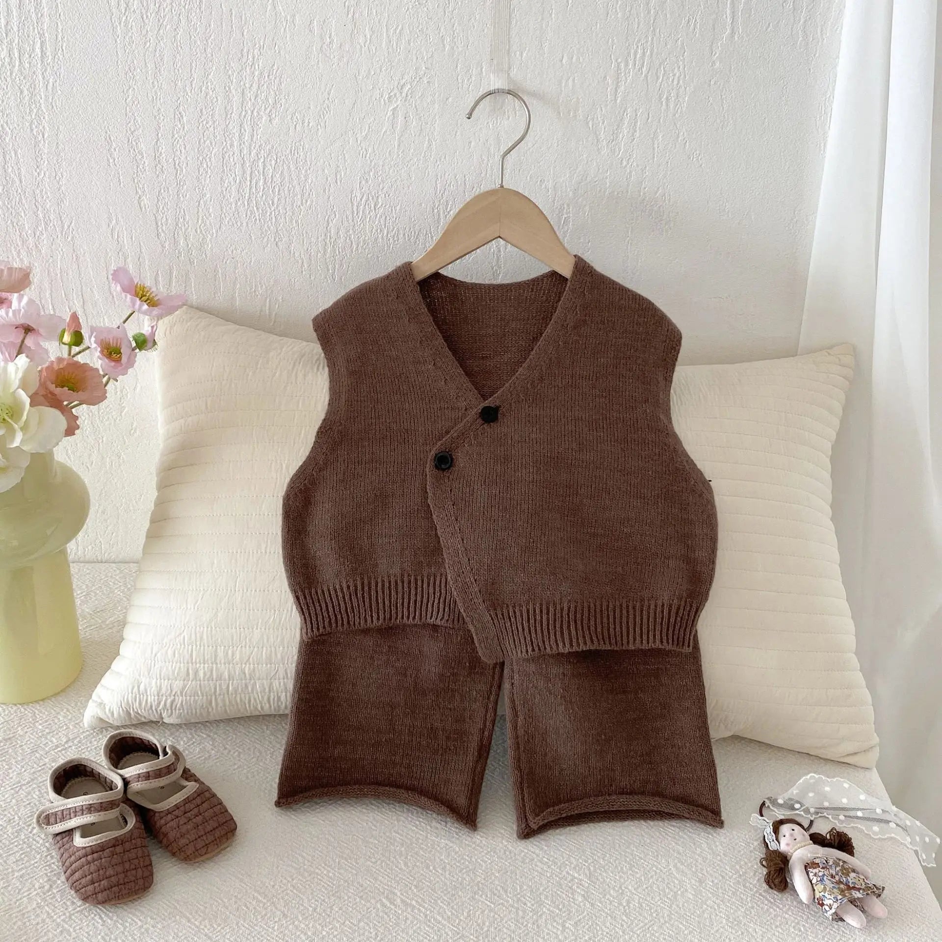 1-6Y Kids Clothing Set Knit Vest And Wide Leg Pants 2 Pcs Boys Clothing Set Brief Style Girls Sweater Suit