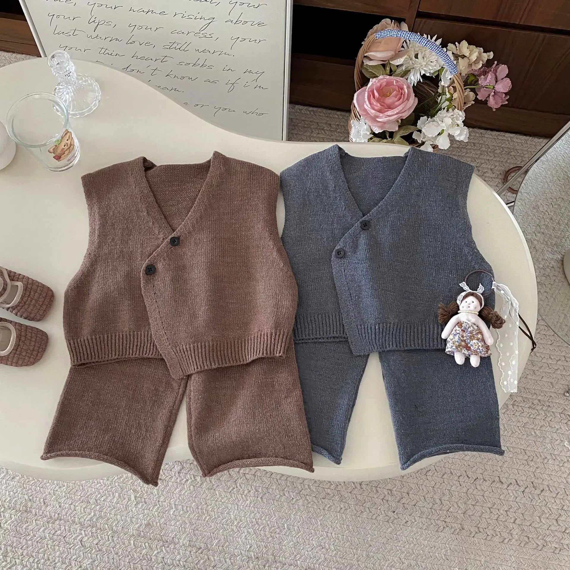1-6Y Kids Clothing Set Knit Vest And Wide Leg Pants 2 Pcs Boys Clothing Set Brief Style Girls Sweater Suit