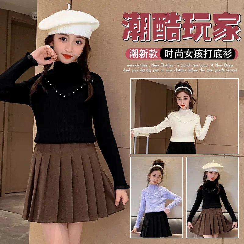Children's clothing girls autumn knitted sweater new children's pearl bottoming shirt autumn and winter