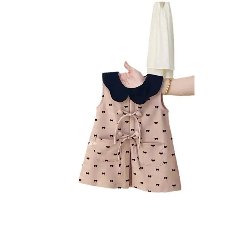 Childrens Clothing 2025 Girls Summer Pink Vest Dress Babys Fashionable and Cute Bow Tie Dress Trendy