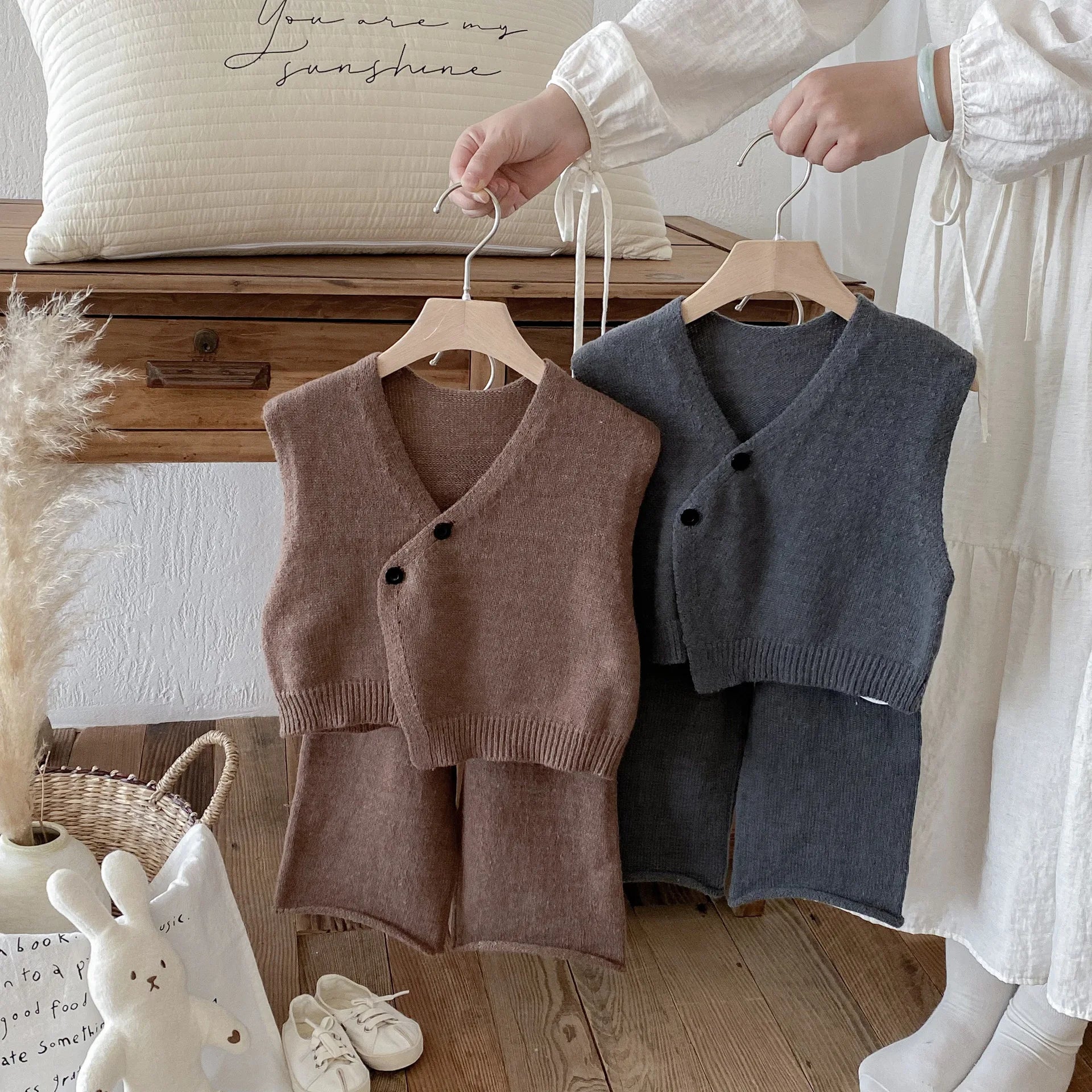 1-6Y Kids Clothing Set Knit Vest And Wide Leg Pants 2 Pcs Boys Clothing Set Brief Style Girls Sweater Suit
