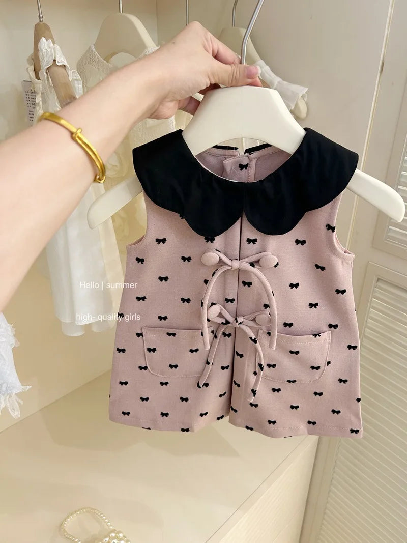 Childrens Clothing 2025 Girls Summer Pink Vest Dress Babys Fashionable and Cute Bow Tie Dress Trendy