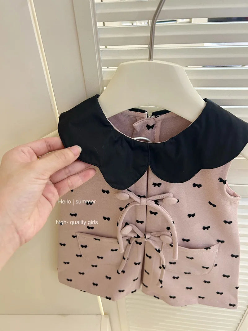 Childrens Clothing 2025 Girls Summer Pink Vest Dress Babys Fashionable and Cute Bow Tie Dress Trendy