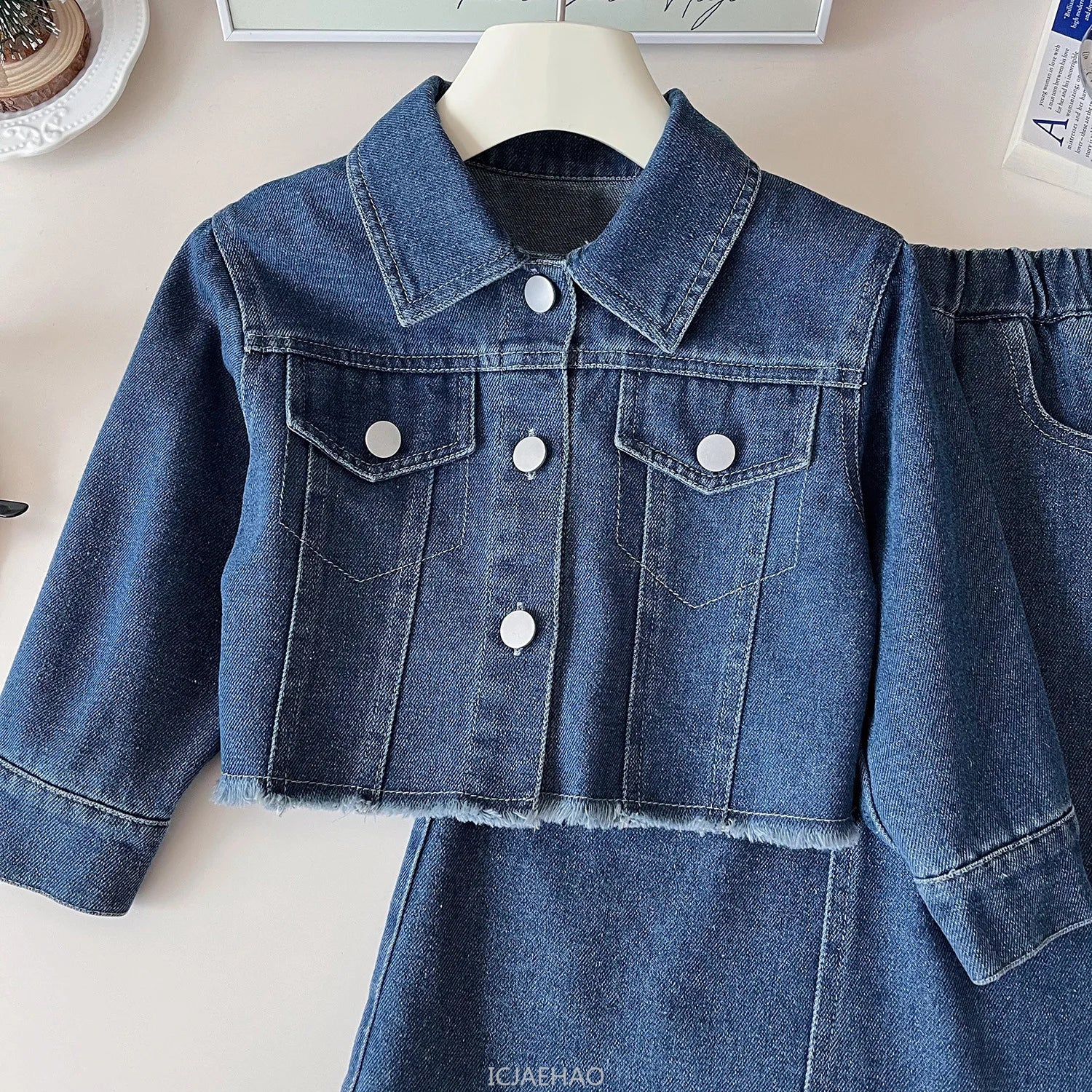 Teen Girl Clothes Little Baby 2 Piece Clothing DenimPiece Sets Fashion Children Autumn Outfits Kids Jacket and Long Skirts Two