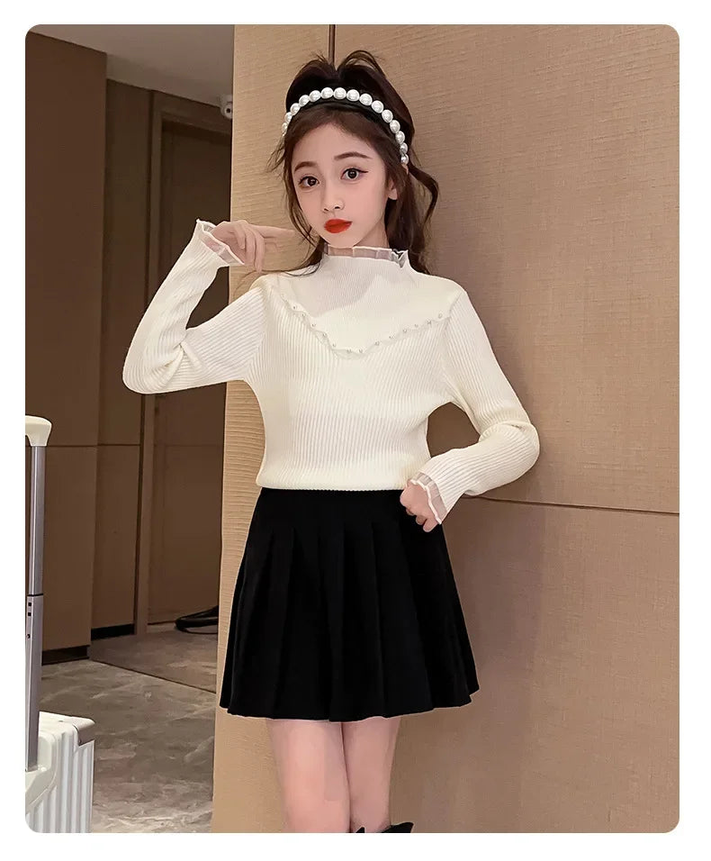 Children's clothing girls autumn knitted sweater new children's pearl bottoming shirt autumn and winter