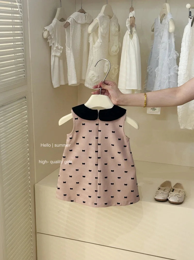 Childrens Clothing 2025 Girls Summer Pink Vest Dress Babys Fashionable and Cute Bow Tie Dress Trendy