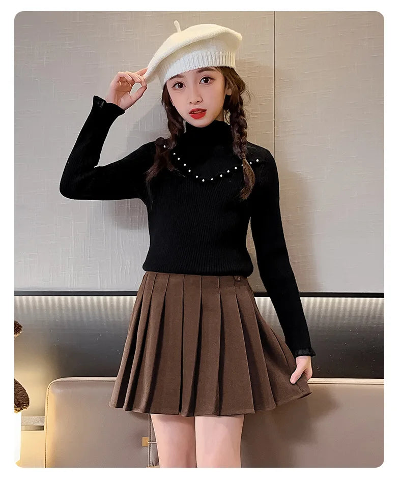 Children's clothing girls autumn knitted sweater new children's pearl bottoming shirt autumn and winter