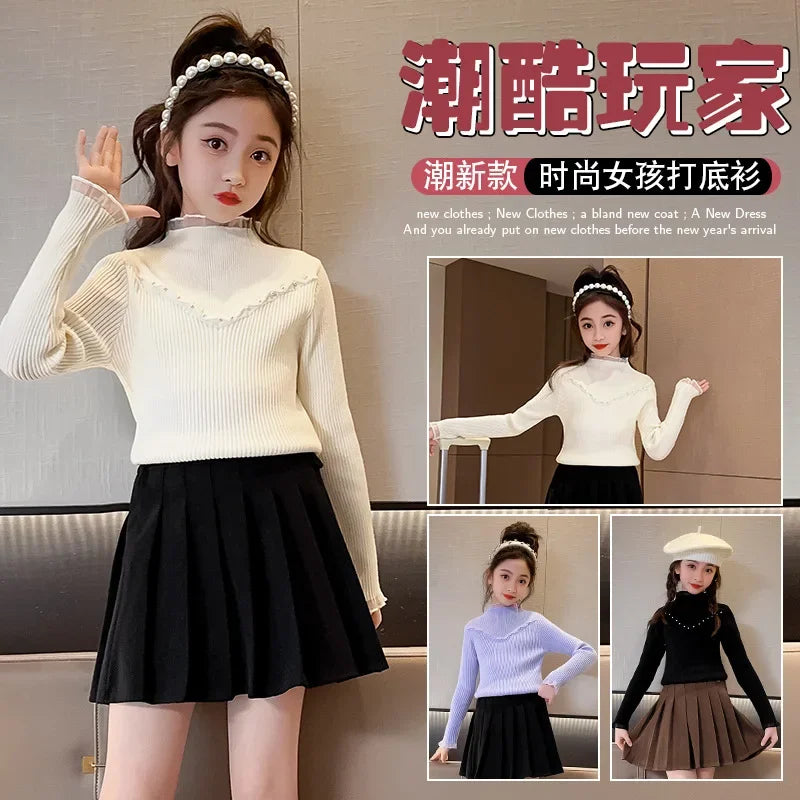 Children's clothing girls autumn knitted sweater new children's pearl bottoming shirt autumn and winter