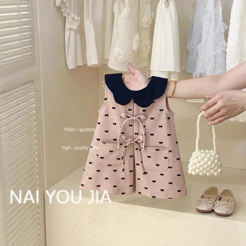 Childrens Clothing 2025 Girls Summer Pink Vest Dress Babys Fashionable and Cute Bow Tie Dress Trendy