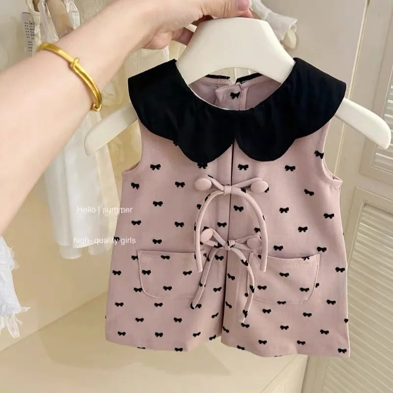 Childrens Clothing 2025 Girls Summer Pink Vest Dress Babys Fashionable and Cute Bow Tie Dress Trendy