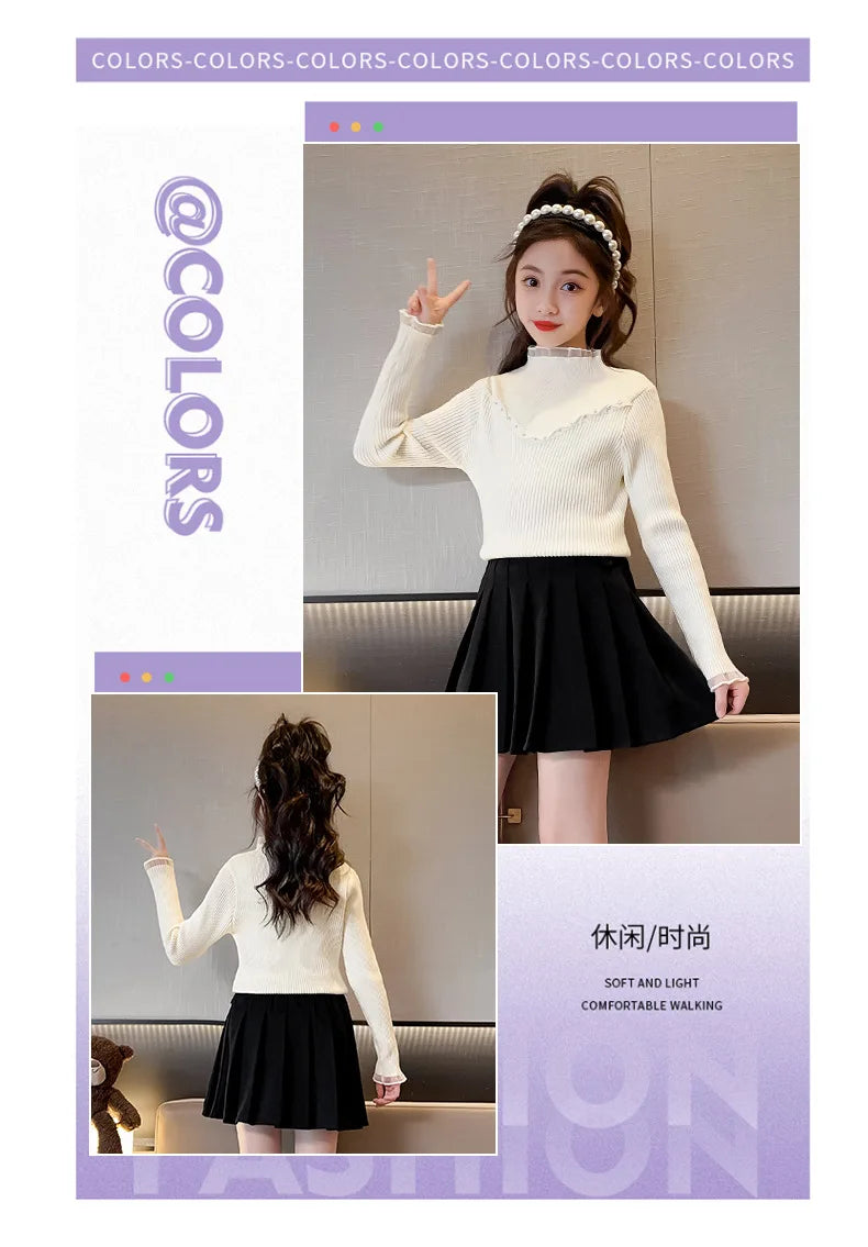 Children's clothing girls autumn knitted sweater new children's pearl bottoming shirt autumn and winter