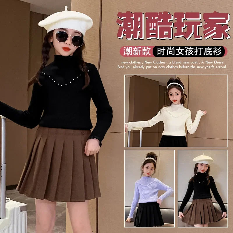 Children's clothing girls autumn knitted sweater new children's pearl bottoming shirt autumn and winter