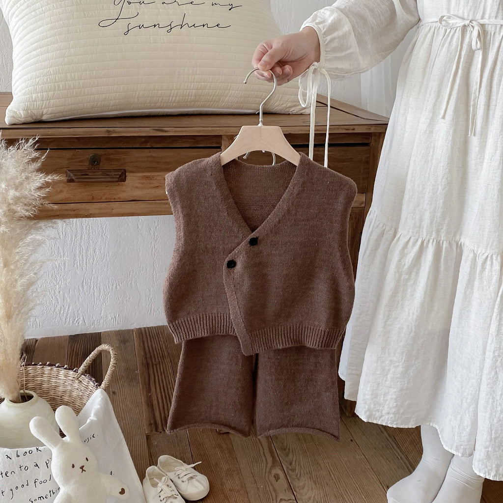 1-6Y Kids Clothing Set Knit Vest And Wide Leg Pants 2 Pcs Boys Clothing Set Brief Style Girls Sweater Suit