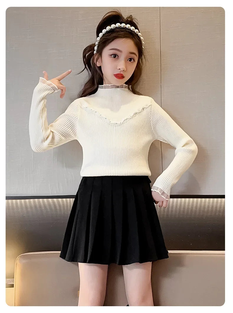 Children's clothing girls autumn knitted sweater new children's pearl bottoming shirt autumn and winter