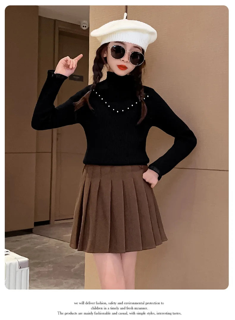 Children's clothing girls autumn knitted sweater new children's pearl bottoming shirt autumn and winter