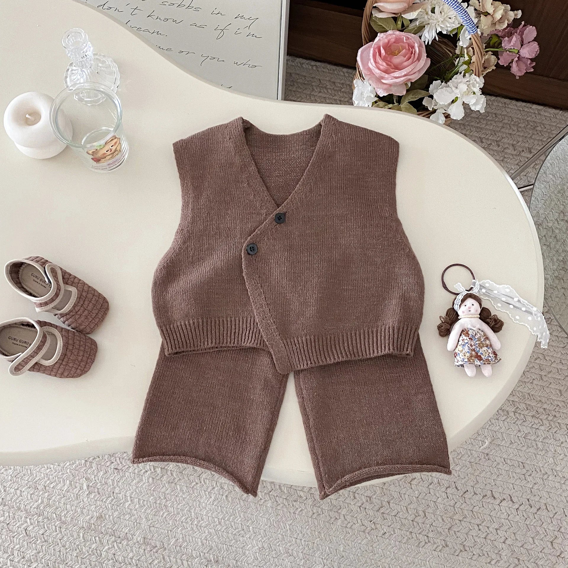 1-6Y Kids Clothing Set Knit Vest And Wide Leg Pants 2 Pcs Boys Clothing Set Brief Style Girls Sweater Suit