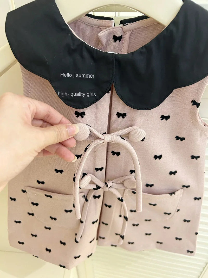 Childrens Clothing 2025 Girls Summer Pink Vest Dress Babys Fashionable and Cute Bow Tie Dress Trendy