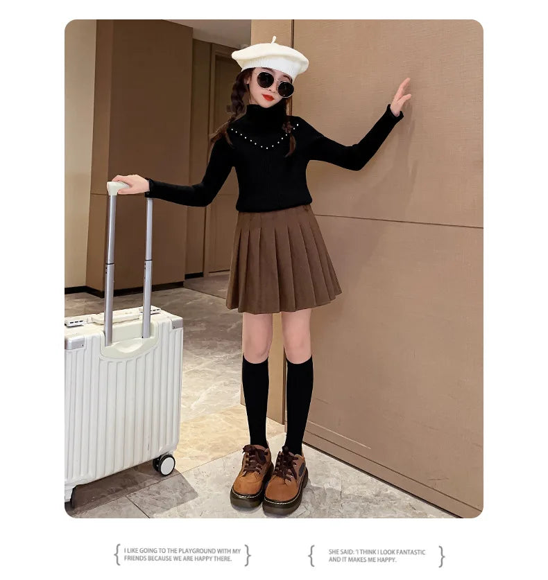 Children's clothing girls autumn knitted sweater new children's pearl bottoming shirt autumn and winter