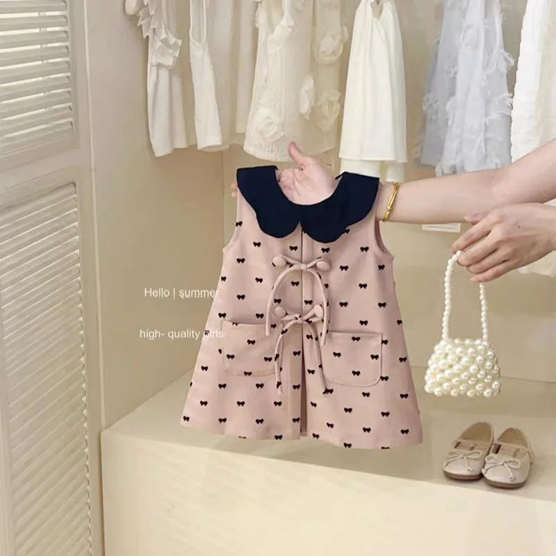 Childrens Clothing 2025 Girls Summer Pink Vest Dress Babys Fashionable and Cute Bow Tie Dress Trendy