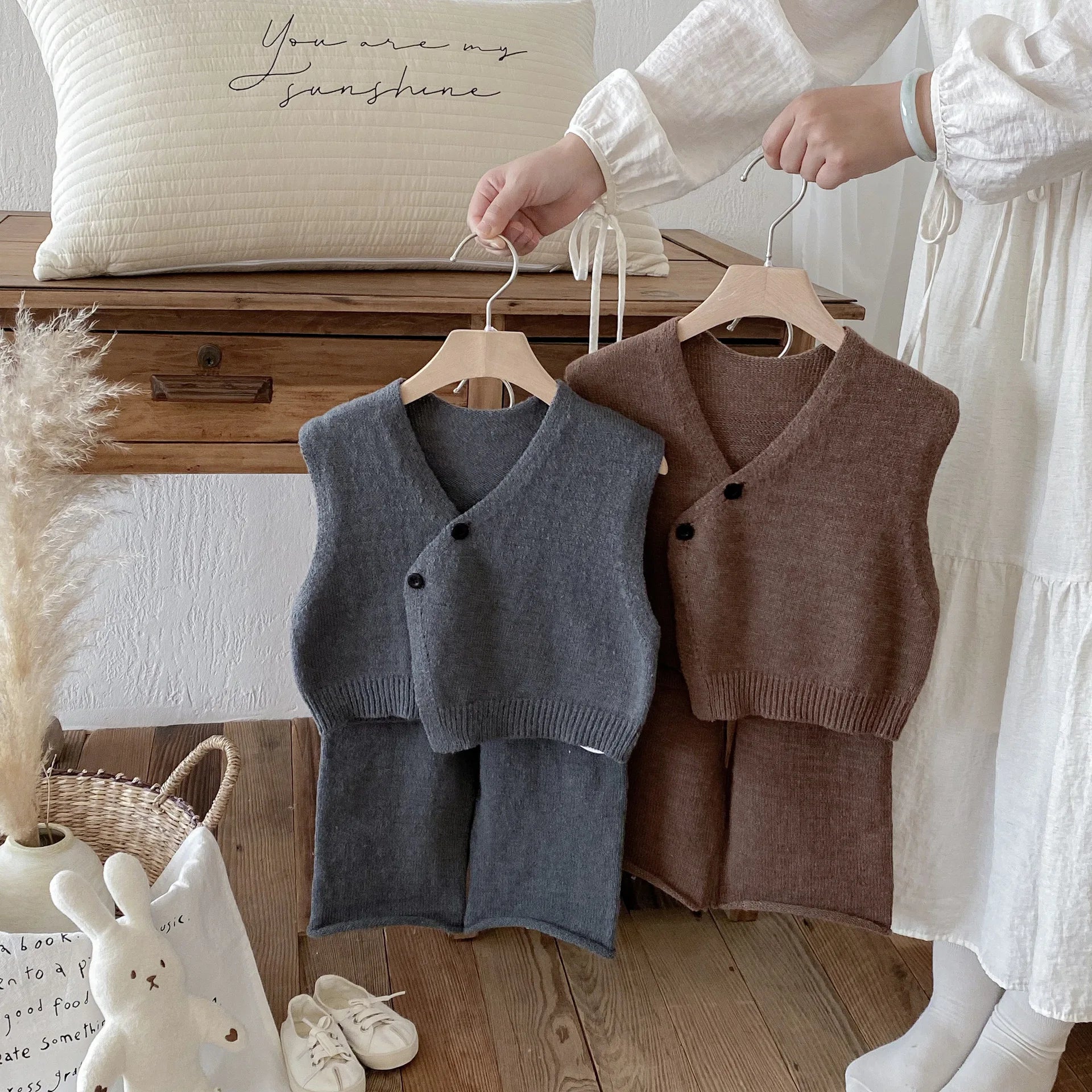 1-6Y Kids Clothing Set Knit Vest And Wide Leg Pants 2 Pcs Boys Clothing Set Brief Style Girls Sweater Suit