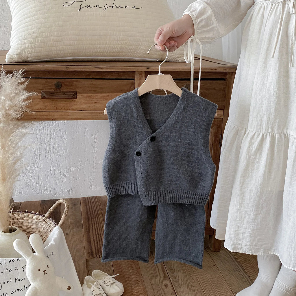1-6Y Kids Clothing Set Knit Vest And Wide Leg Pants 2 Pcs Boys Clothing Set Brief Style Girls Sweater Suit
