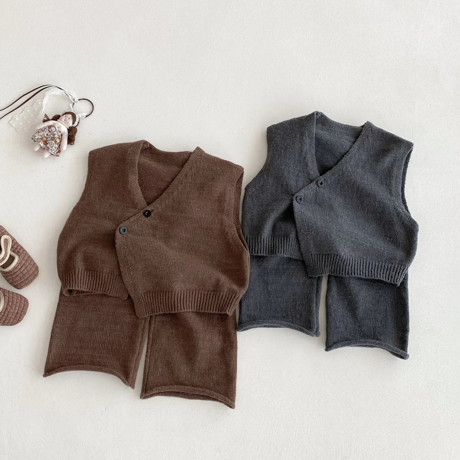 1-6Y Kids Clothing Set Knit Vest And Wide Leg Pants 2 Pcs Boys Clothing Set Brief Style Girls Sweater Suit