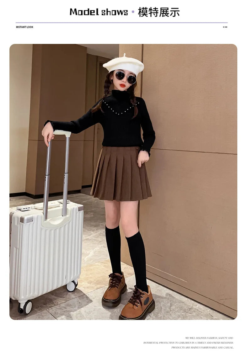 Children's clothing girls autumn knitted sweater new children's pearl bottoming shirt autumn and winter
