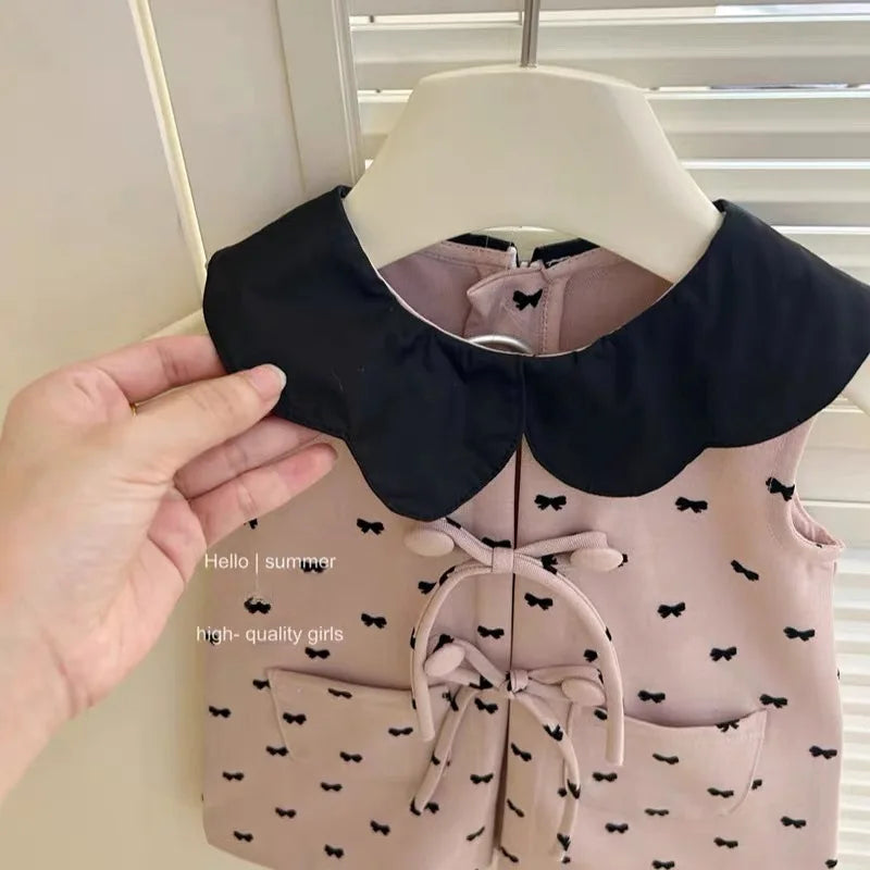 Childrens Clothing 2025 Girls Summer Pink Vest Dress Babys Fashionable and Cute Bow Tie Dress Trendy